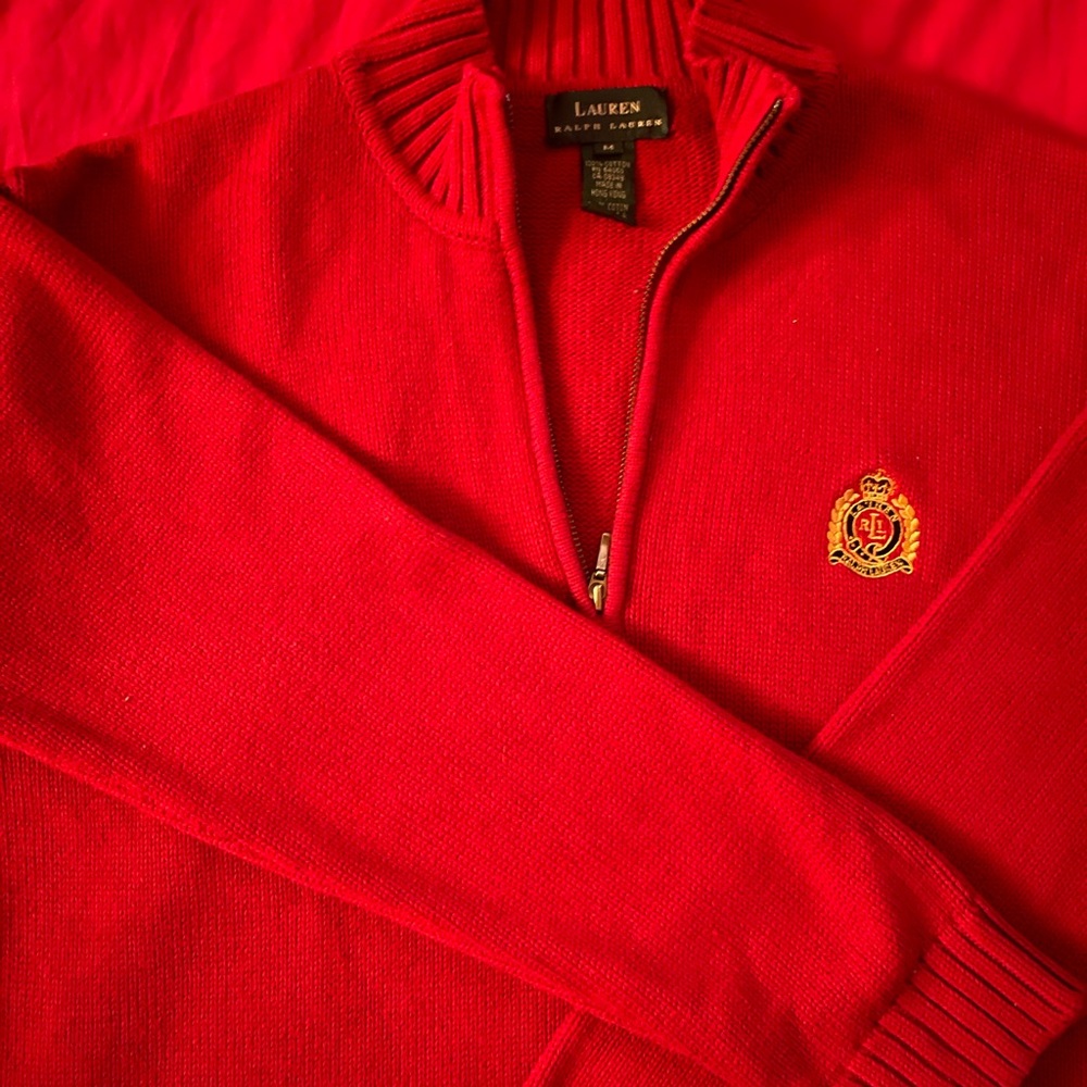 Women.. Medium Red Lauren knitted sweater with crown patch… Made by Ralph Lauren